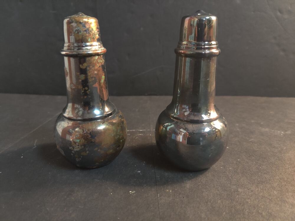 Vintage Metal Salt And Pepper Shakers Pair Tarnished No Stoppers